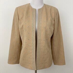 Oscar De La Renta Tan 100% Wool Blazer Size 10P Embroidered Round Neck Lined